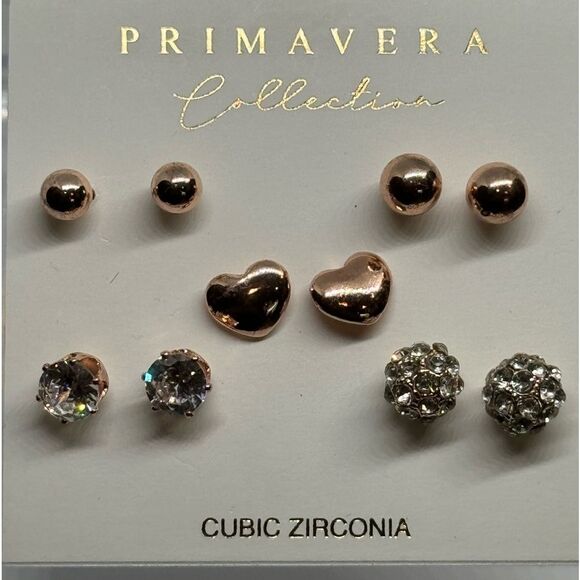 Primavera Collection 5 Pairs Rose Gold Tone Various Cubic Zirconia Post Earrings - Picture 2 of 8